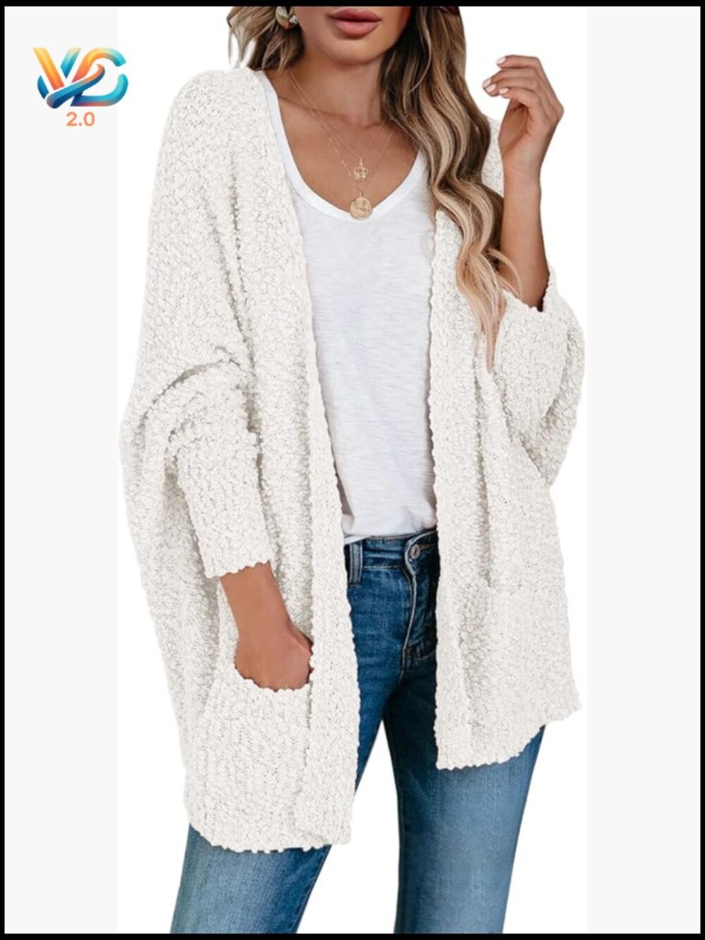 Oversized Chunky Popcorn Cardigan Fuzzy Knit Open Front Batwing Sleeve